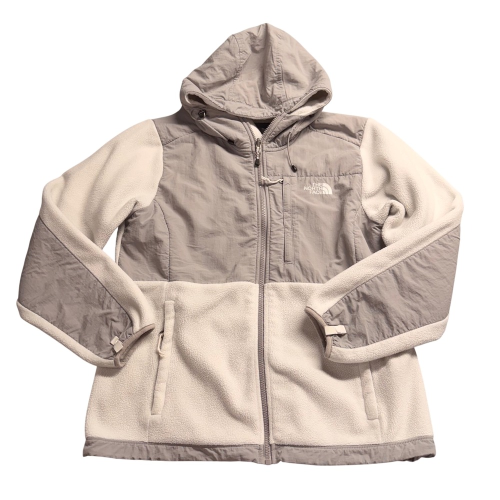 The North Face Denali Hooded Fleece Jacket Womens Large Grey Cream Polartec